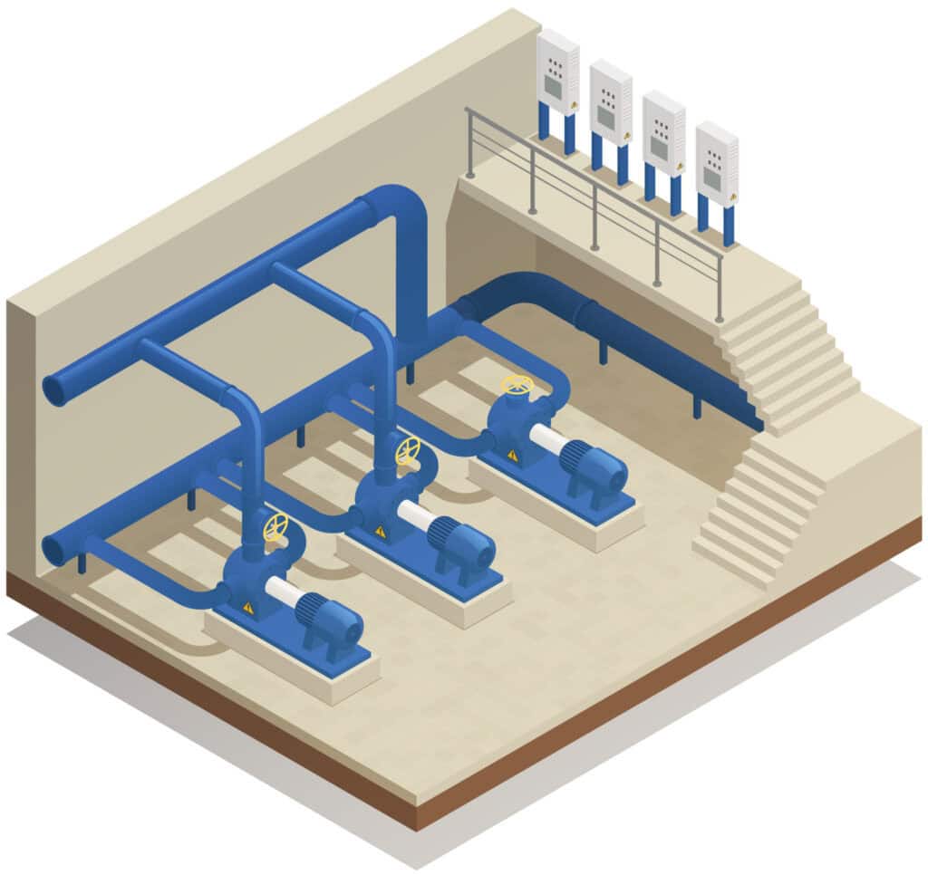 Industrielle Wasser- und Energiemanagementanlage mit Pumpen und Steuerung.